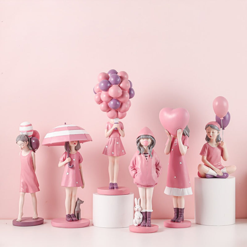 Figuritas modernas de niña con globo a la moda, niñas dulces rosas para decoración de habitación, regalo de cumpleaños distintivo elegante para niña, decoración Interior del hogar