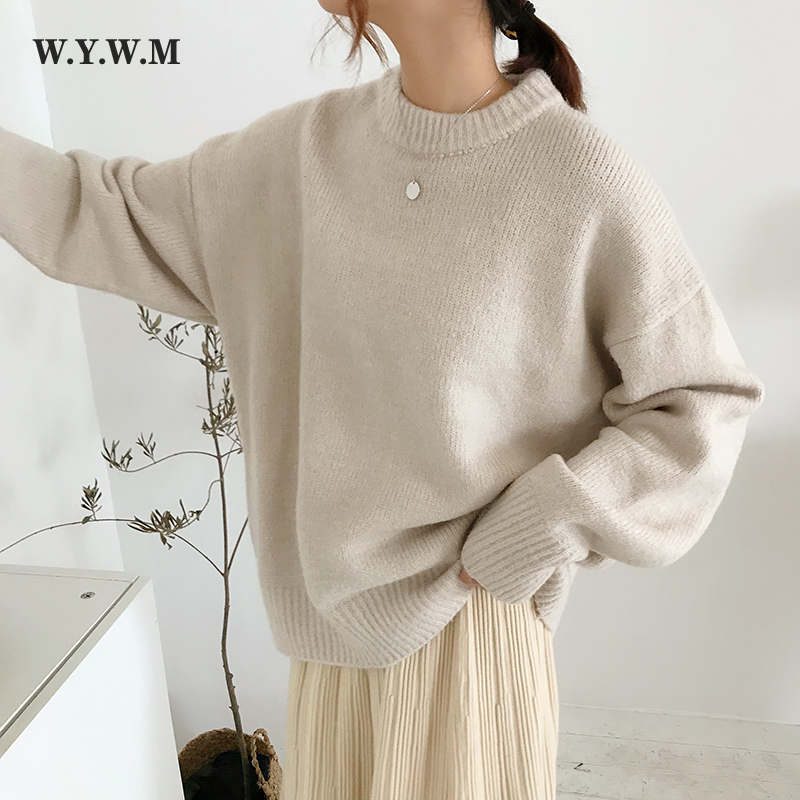 WYWM, suéter elegante de Cachemira para mujer, jerséis básicos de punto de gran tamaño, jersey de punto suave y holgado con cuello redondo para mujer