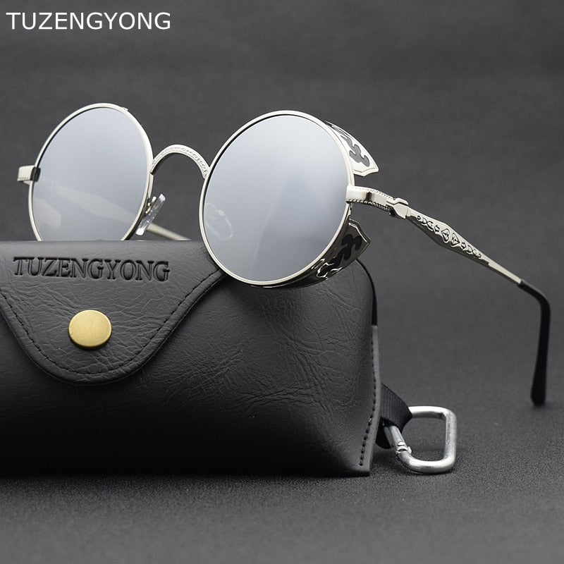 TUZENGYONG Fashion Polarized Steampunk Sunglasses Men/Women Round Metal Carving Vintage Sun Glasses Gothic UV400 Sunglass