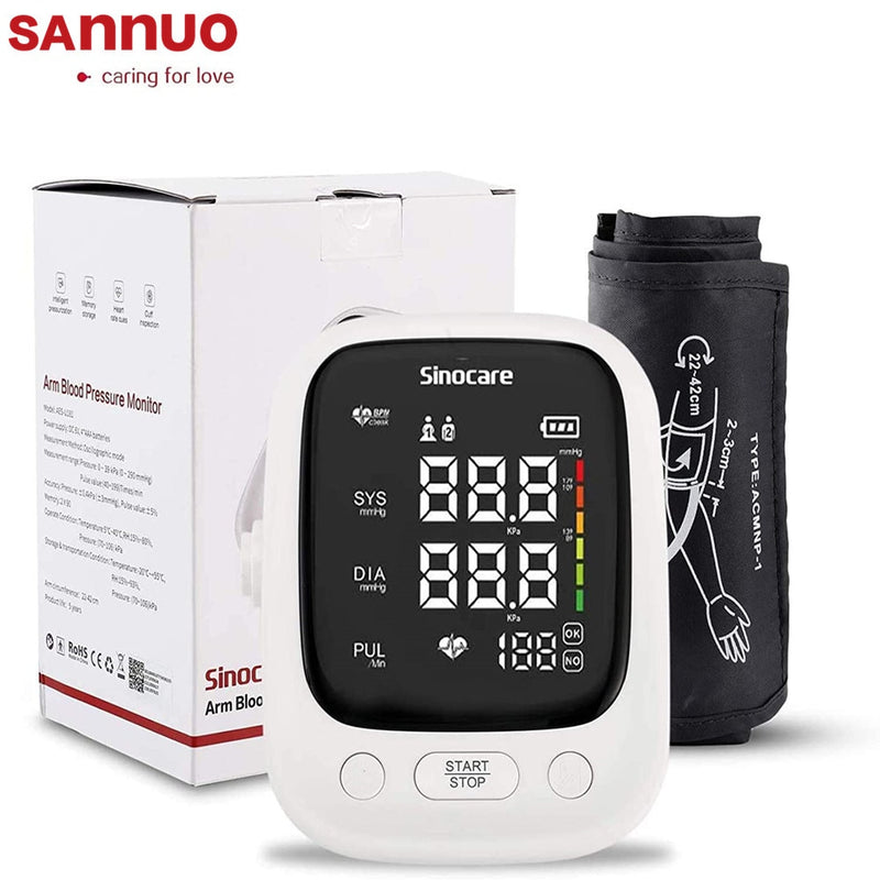 Sannuo Sinocare Blutdruckmessgerät Medizinische Gesundheit Automatisches Oberarm-Digital-Display mit Hintergrundbeleuchtung BP-Herzfrequenz-Puls