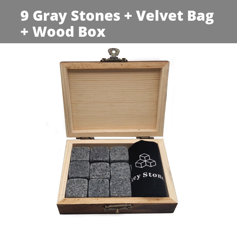 Whiskey Stones Set - 9 Granite Whiskey Rocks / Wooden Box / Velvet Bag / Reusable Cooling Ice Cubes