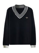 Estilo europeo primavera otoño mujeres abeja bordado suéter elegante cuello pico tejido suelto rayas manga larga suéter C-019