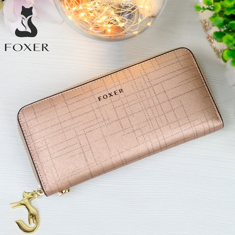 FOXER Frauen Spaltleder Geldbörse Bifold Clutch Bag mit Armband Mode Kartenhalter Geldbörse Handytasche Weibliche Geldtasche