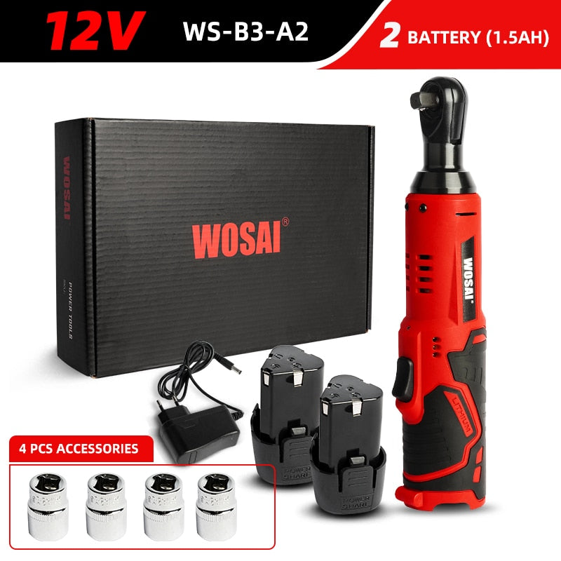 WOSAI 45NM llave eléctrica inalámbrica 12V 3/8 juego de llaves de trinquete ángulo taladro destornillador para quitar tornillo tuerca herramienta de reparación de automóviles