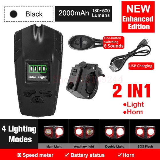 Luz de bicicleta recargable por USB, odómetro de bicicleta, linterna de luz delantera con ordenador, velocímetro LCD, cabeza de ciclismo, bocina de linterna