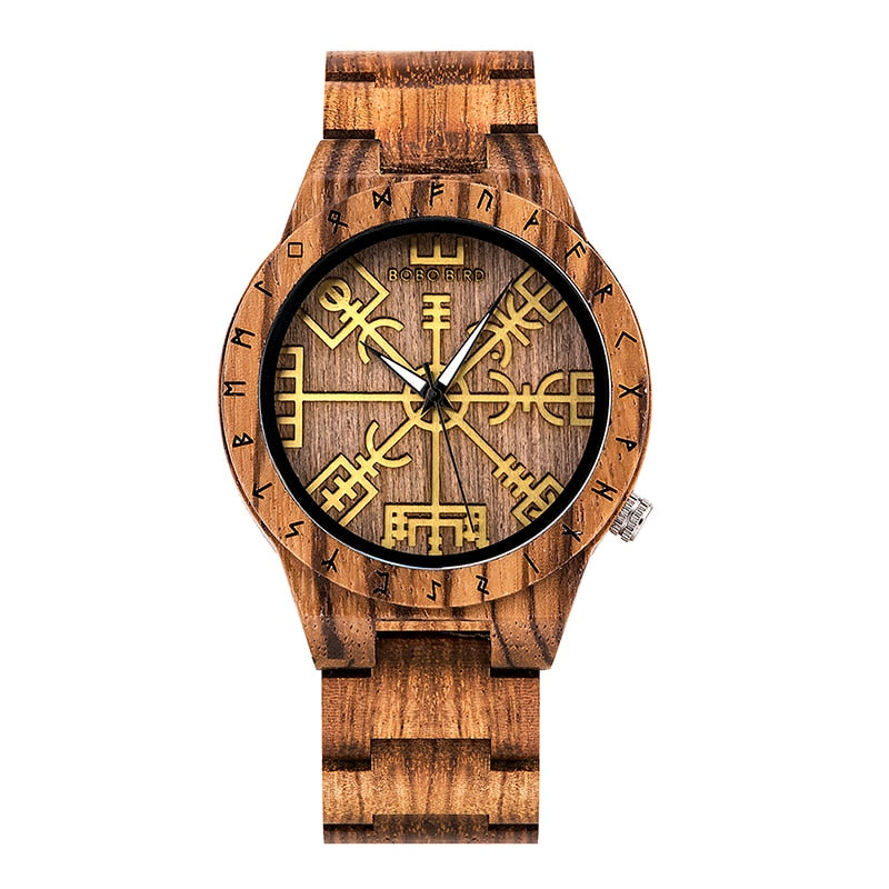 Handmade BOBO BIRD Wooden Watches Man Women Runic Circle Watch with Golden Helm of Awe Vegvisir Quartz Wristwatch Male