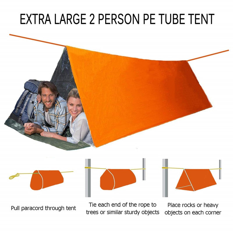 Shelter Survival Tent 2-4 Personen Mylar Notfallschlauchzelt Leichte wasserdichte Thermo-Notfalldecke für Camping Wandern