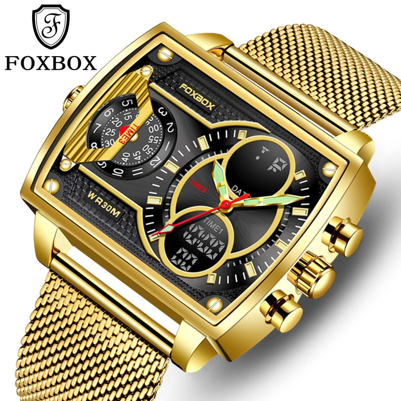 LIGE Top Brand Luxury Men Watch FOXBOX Fashion Square Watch Men Casual Sports Waterproof Double Display Watch Relogio Masculino