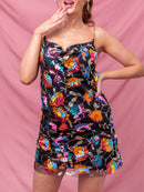 Pink Floral Sequined Mini Dress Sexy Backless Chain Straps Low Cut Short Summer Night Club Party Out Wear Black Orange White