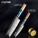Juego de cuchillos de cocina XITUO, acero de Damasco VG10, cuchillo de Chef, cuchillo para pelar pan, resina azul y mango de madera de Color, juego de 1-7 Uds.