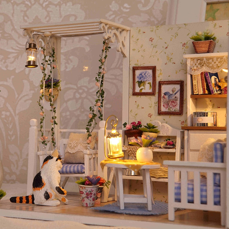 Puppenhausmöbel Diy Miniatur 3D Holzminiaturen Puppenhaus Spielzeug für Kinder Geburtstagsgeschenke Casa Kitten Diary H013