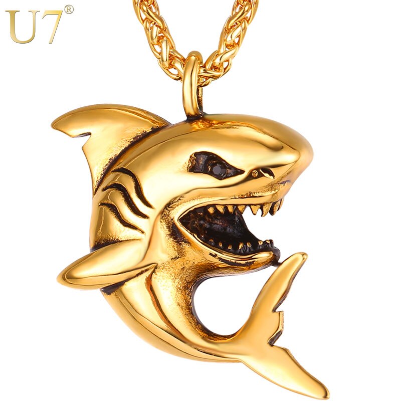 U7 Big Shark Pendant Necklace Men  Stainless Steel Jewelry Rock Punk Gold/Black Ocean Sea Animal Necklaces Father&