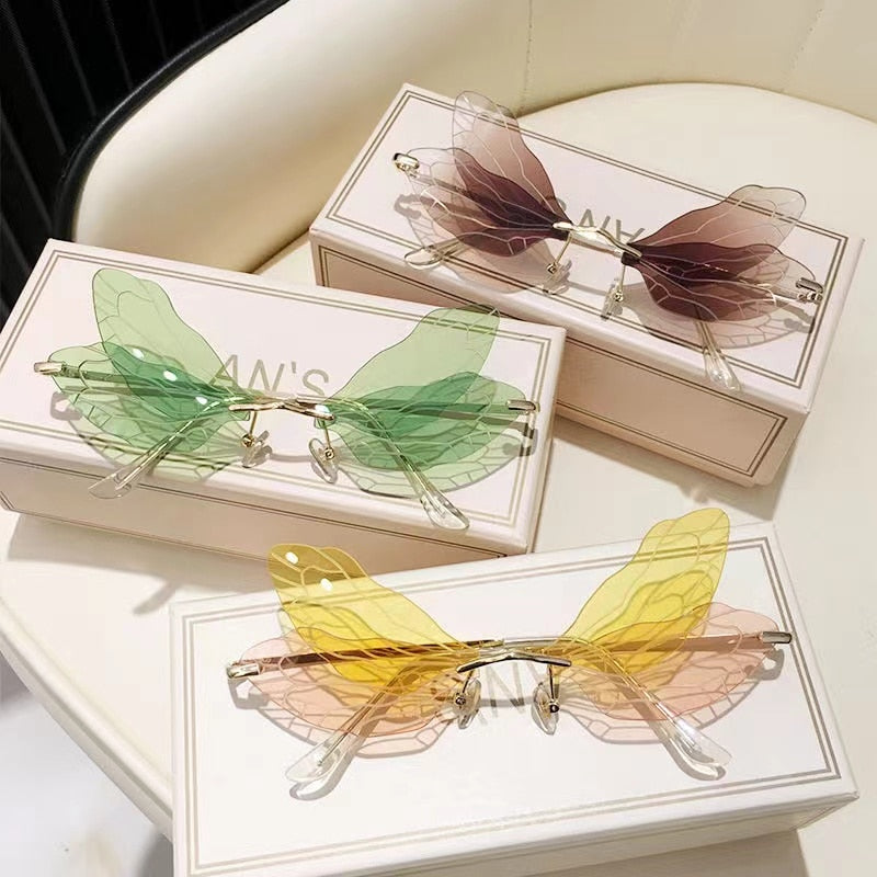 2022 Vintage Dragonfly Wings Sunglasses Fashion Rimless Women Clear Lens Eyewear Men Pink Sun Glasses UV400 Eyewear Female