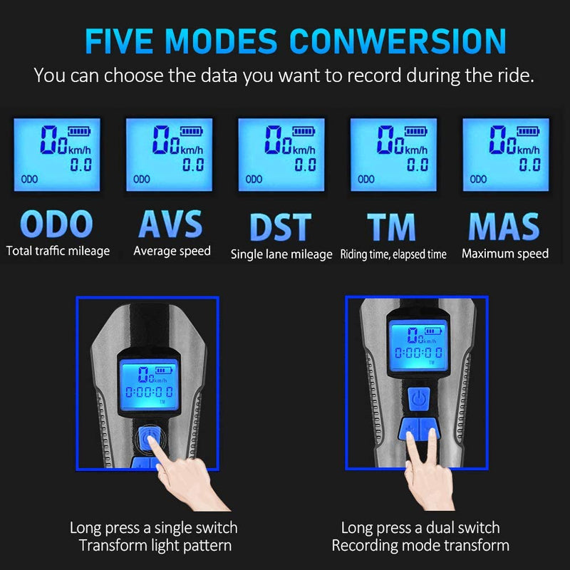 Luz de bicicleta recargable por USB, odómetro de bicicleta, linterna de luz delantera con ordenador, velocímetro LCD, cabeza de ciclismo, bocina de linterna