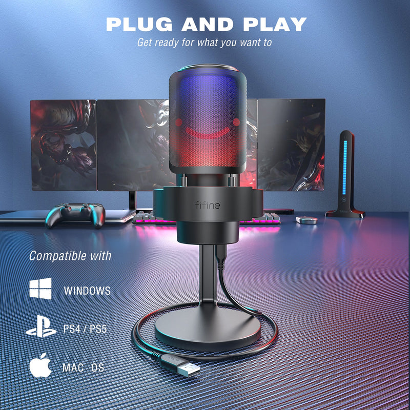 FIFINE USB Microphone for Recording and Streaming on PC and Mac,Headphone Output and Touch-Mute Button,Mic with 3 RGB Modes -A8