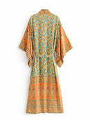 Vintage chic Women yellow Floral Print Sashes beach bohemian Kimono Ladies V Neck batwing Sleeves Maxi robe Boho bikini cover-up