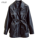 FTLZZ Slim PU Coats Women Faux Leather Jackets Vintage Motor Biker Jackets Elegant Tie Belt Waist Pockets Buttons Coats