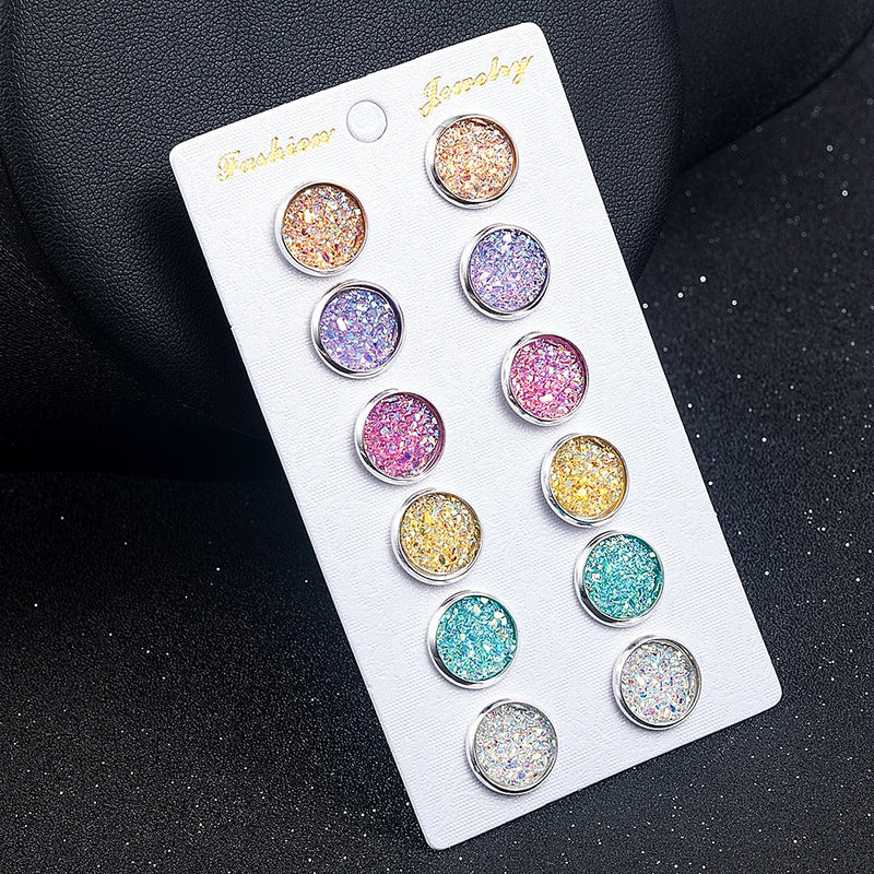 1/6 Pairs Colorful Drusy Resin Cabochon Stud Earrings Round Shape Piercing for Women Earrings Set Fashion Jewelry Party Gift