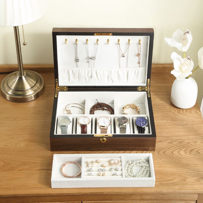 Casegrace Luxus-Schmuckkästchen aus Holz, Organizer, Frauen, großer Ring, Halskette, Ohrringe, Schmuck, Aufbewahrungsbox, Geschenkschatulle