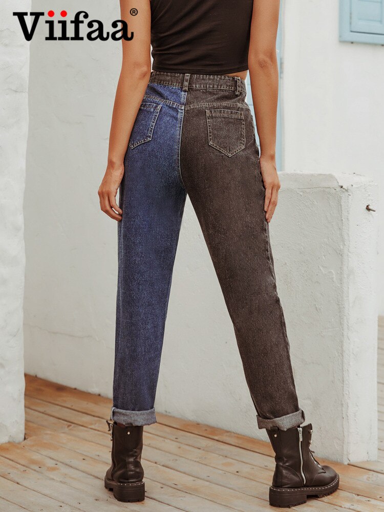 Viifaa Schwarz und Blau Zweifarbige Y2K Denim Jeans mit hoher Taille für Damen 2022 Reißverschluss Freizeithose Damen Gerade Jeans