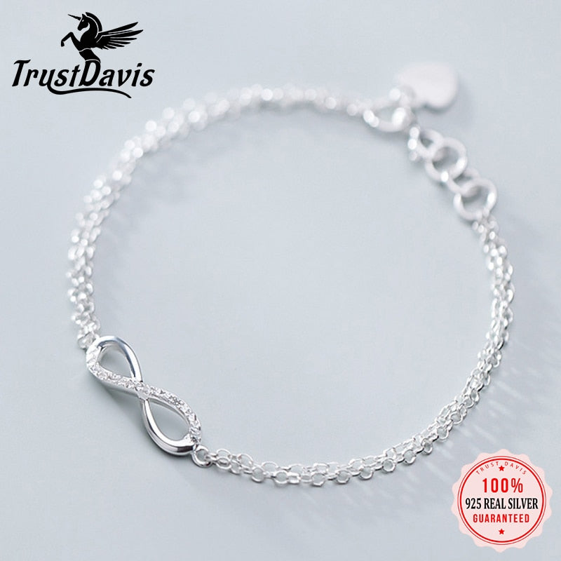 Trustdavis Genuine 925 Sterling Silver Sweet Minimalist Double Layer Infinity CZ Bracelet For Women Wedding Jewelry Gift DS2177