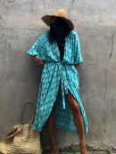 2022 Bikini Cover-ups Black Retro Striped Self Belted Women Summer Clothing Kimono Dress Beach Wear Swim Suit Cover Up Q1225