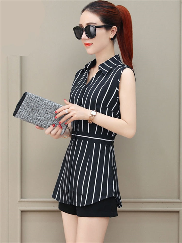 Women Spring Summer Long Style Chiffon Blouses Shirts Lady Casual Sleeveless Striped Turn-down Collar Blusas Tops DF1927