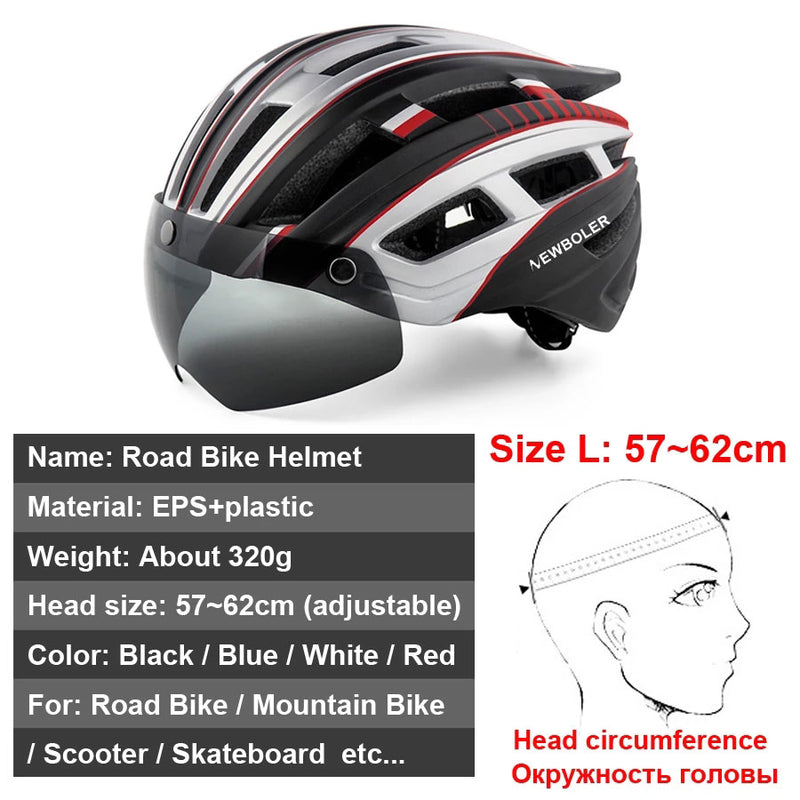 Casco de ciclismo NEWBOLER para hombre y mujer, casco con luz LED, lente para casco de bicicleta de montaña y carretera para montar en bicicleta, deportes, monopatín, Scooter