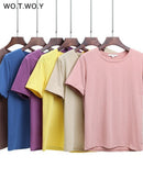WOTWOY 2023 Summer Cotton T Shirt Women Loose Style Solid Tee Shirt Female Short Sleeve Top Tees O-Neck T-shirt Women 12 Colors