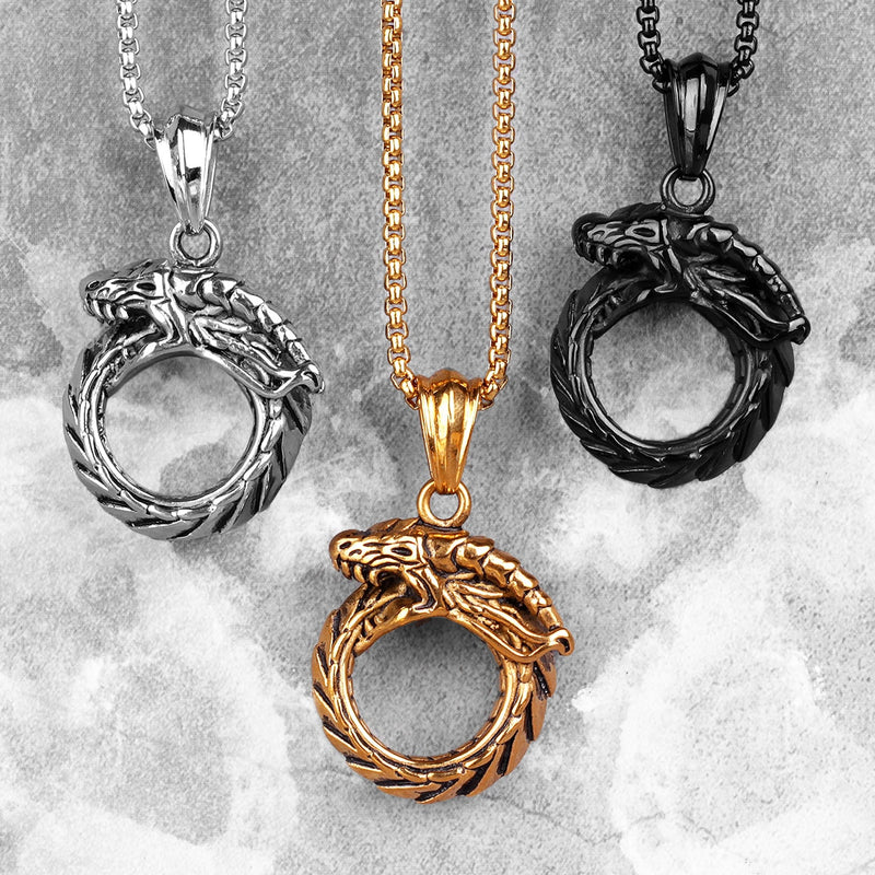 Ouroboros Snake Dragon Mens Long Necklaces Pendants Chain Hip Hop for Boy Male Stainless Steel Jewelry Creativity Gift Wholesale