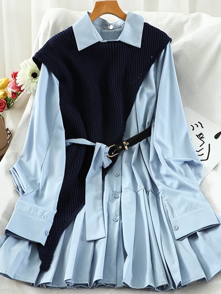 Sweet Suit Women Japan Single Breasted Turn-Down Collar Pleated Dress +Irregular Drawstring Knitted Vest Two Piece Set PL548