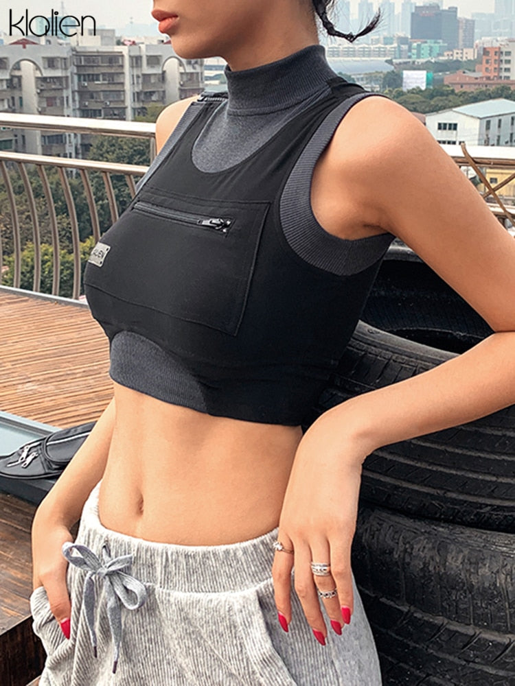 KLALIEN Hochwertige Weste Patchwork Stretch Harajuku Streetwear Crop Top 2022 Sommer Elastisches Lässiges Dünnes Ärmelloses Leibchen