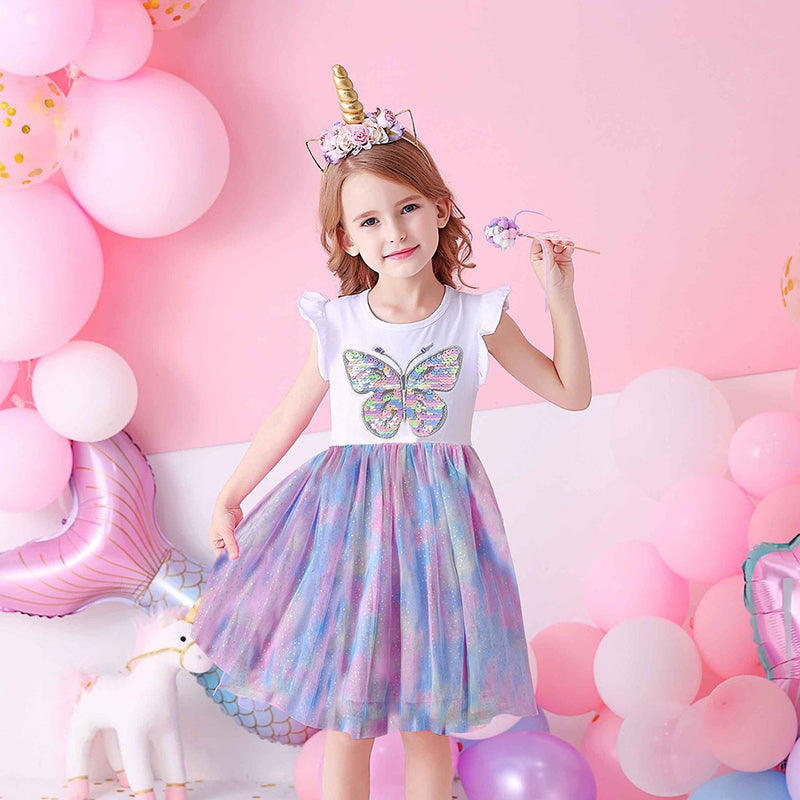 DXTON Mädchen Kleidung für Sommer Prinzessin Kleider Kinder Flare Ärmel Einhorn Druck Kleid Mädchen Party Kleider Kinder Kleidung 3-8 Jahre