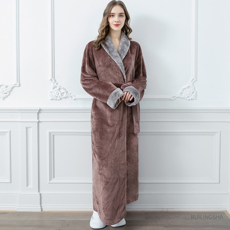 Men Long Thick Warm Flannel Bath Robe Plus Size Women Robes Coral Fleece Bathrobe for Winter Dressing Gown Male Kimono Sleepwear