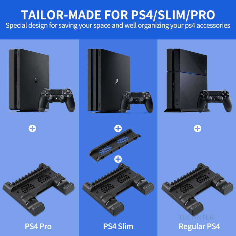 For PS4/PS4 Slim/PS4 Pro Vertical Stand LED Cooling Fan Dual Controller Charger Charging Station For SONY Playstation 4 Cooler