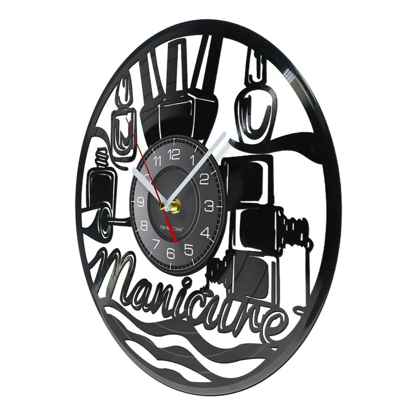 Reloj de pared con diseño de manicura, tienda de belleza a la moda, arte de pared, salón de uñas, disco de vinilo, reloj de pared, belleza de uñas, decoración del hogar, regalo para ella