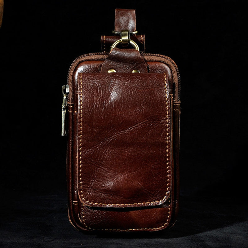 Men Genuine Leather Fanny Pack Cell Phone Cigarette Key Case Coin Purse Pouch Hip Bum Belt Crazy Horse Cowhide Hook Waist Bag