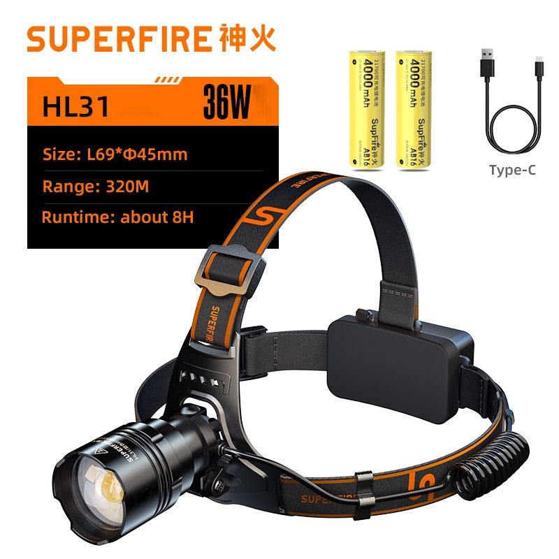 2022 New HL31 36W High Powerful Headlamp Led Rechargeable Zoom Headlight Waterproof Outdoor Fishing Flashlight Camping Torch