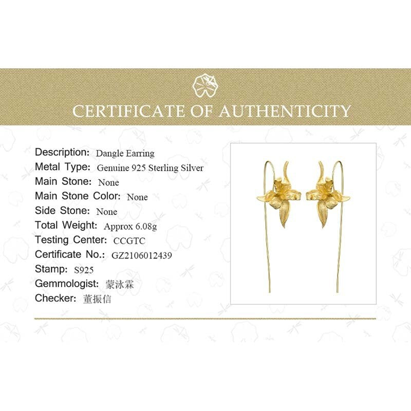 Lotus Fun Elegant Iris Flower Dangle Earrings Real 925 Sterling Silver 18K Gold Earrings for Women Gift Handmade Fine Jewelry