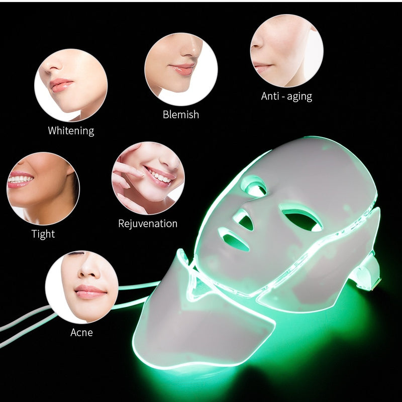 7 Colors LED Face Mask with Neck Photon Light Skin Rejuvenation Acne Wrinkle Removal Facial Lifting Beauty Daily Skin Care Mask