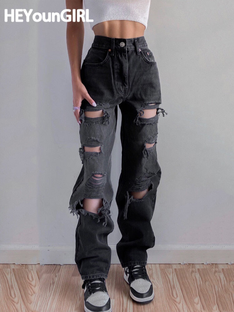 HEYounGIRL Löcher Lässige schwarze zerrissene Jeans Frau Harajuku Jeanshose mit hoher Taille Vintage Distressed Pants Capri Summer