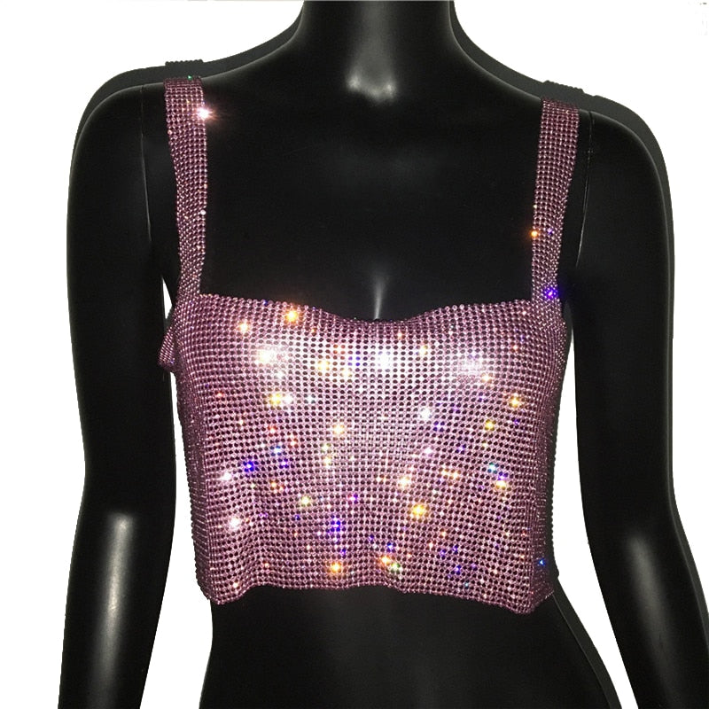 2022 Glitter Nightclub espalda descubierta strass Tank Top mujeres Sexy Metal cristal diamantes lentejuelas Night Club Party Wear Crop Top