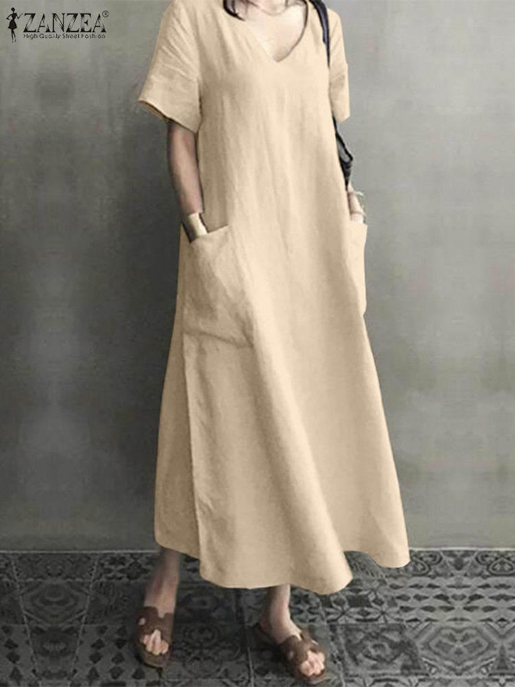 ZANZEA 2022 Women Long Maxi Summer Dress Casual Cotton Linen  Ladies Big Pockets Beach Party Robe Femme Vestidos