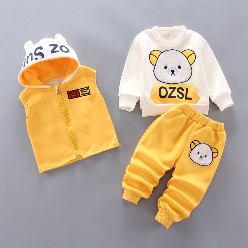 Winter Baby Girls Hooded Clothes Children Christmas Sets Vest+Coat+Pant 3 Pieces Boy Suits Cartoon Bear Garment For Kids 1-4 Age