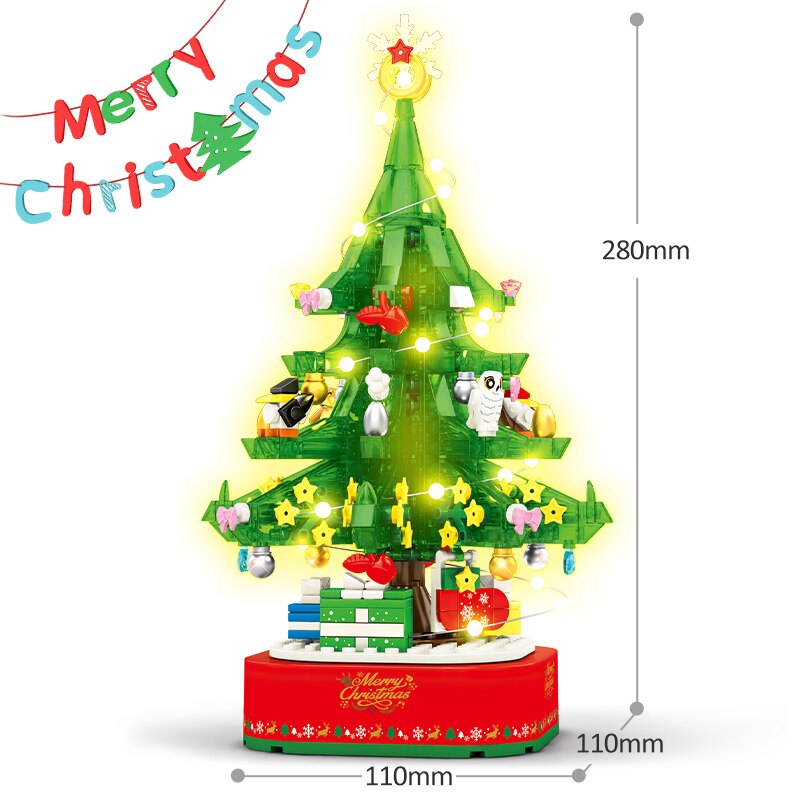 Tema de Navidad LED giratorio brillante caja de música bloques de construcción DIY ciudad amigos árbol casa ladrillos juguetes para niños regalos de navidad