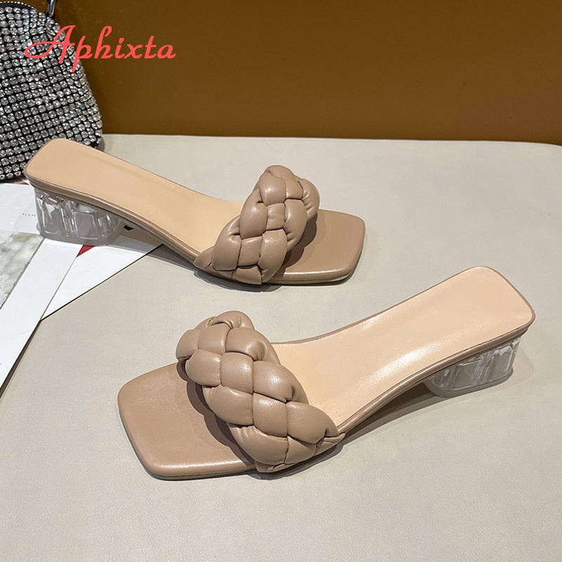 Aphixta 5cm Square Heels Slides Women Rope Lattice Peep Toe Women Outside Sippers Shoes Mujer Elegant Shoes