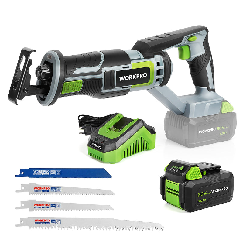 WORKPRO 20V Cordless Reciprocating Saw 1-inch Stroke Length For Wood &amp; Metal Cutting With 4 Saw Blades Tool Kit