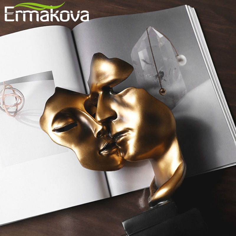 ERMAKOVA 27 cm pareja besándose cara humana escultura resina máscara estatua adorno de mesa para decoración del hogar, regalos de boda