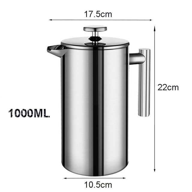 Kaffeemaschine French Press Edelstahl-Espresso-Kaffeemaschine Hochwertige doppelwandige isolierte Kaffee-Teekocher-Kanne 1000 ml