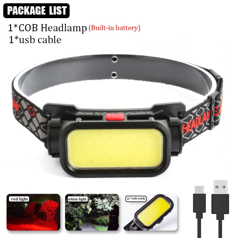 2021 Year New Style Headlamp Portable Mini COB LED Headlight with Built-in Battery Flashlight USB Rechargeable Head Lamp Torch